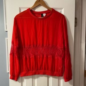 Womens Ladies sheer Red Lace long sleeve top blouse shirt size 6 Valentine’s Day